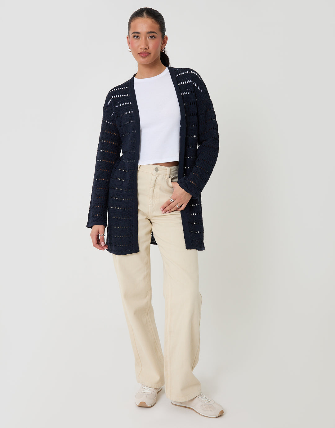 Threadbare Pointelle Knit Longline Cardigan in Navy - full body