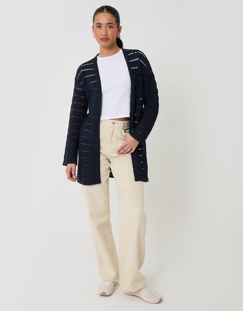 Threadbare Pointelle Knit Longline Cardigan in Navy - full body