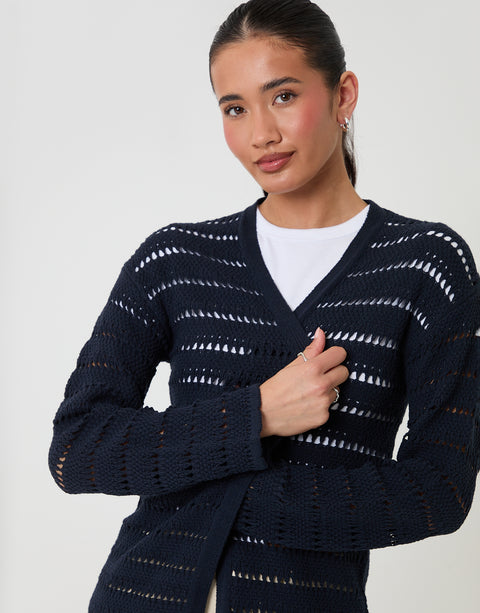 Threadbare Pointelle Knit Longline Cardigan in Navy - close up