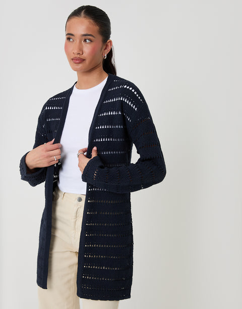 Threadbare Pointelle Knit Longline Cardigan in Navy - front view
