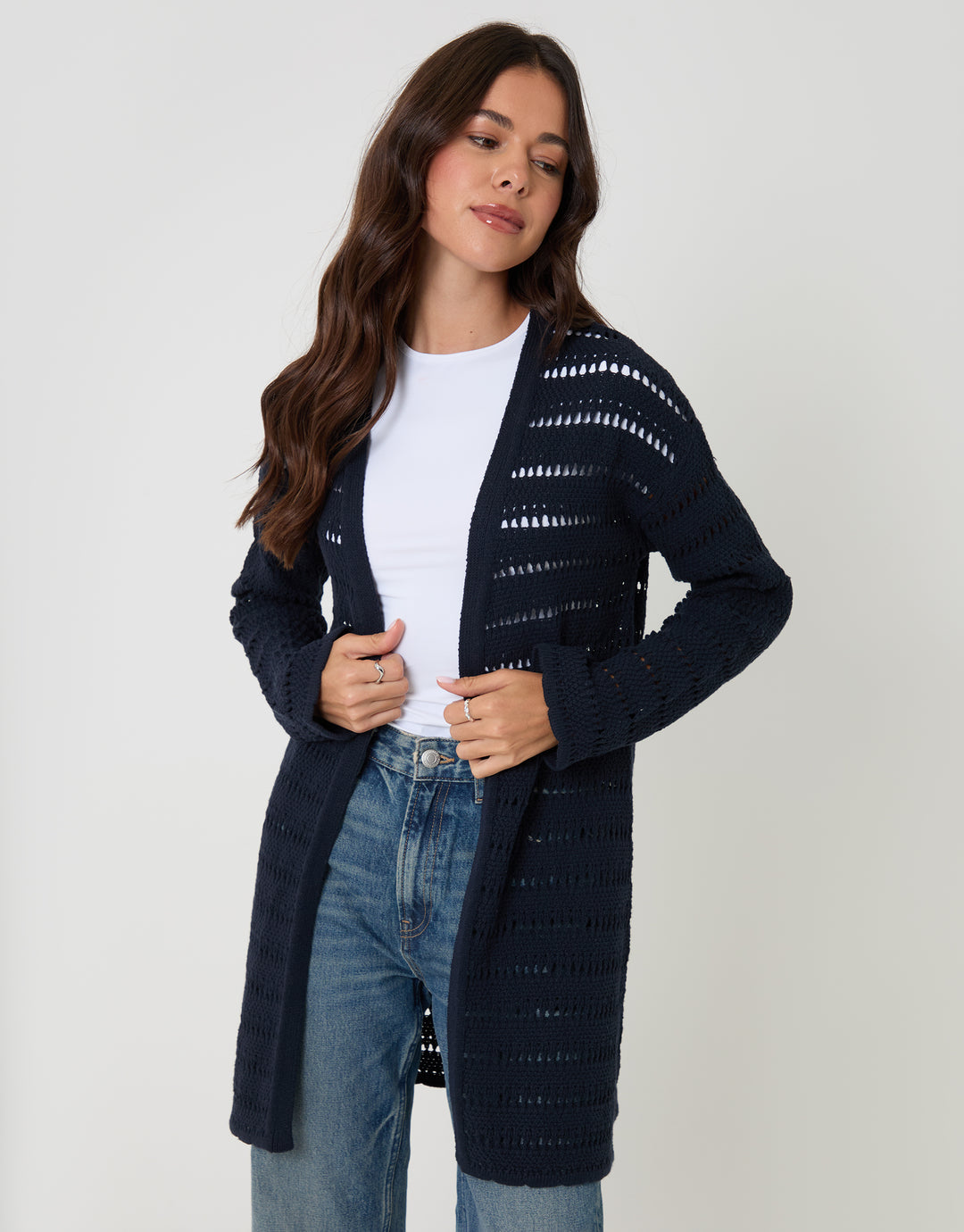 Threadbare Pointelle Knit Longline Cardigan in Navy - front view