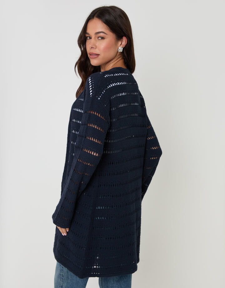 Threadbare Pointelle Knit Longline Cardigan in Navy - side view