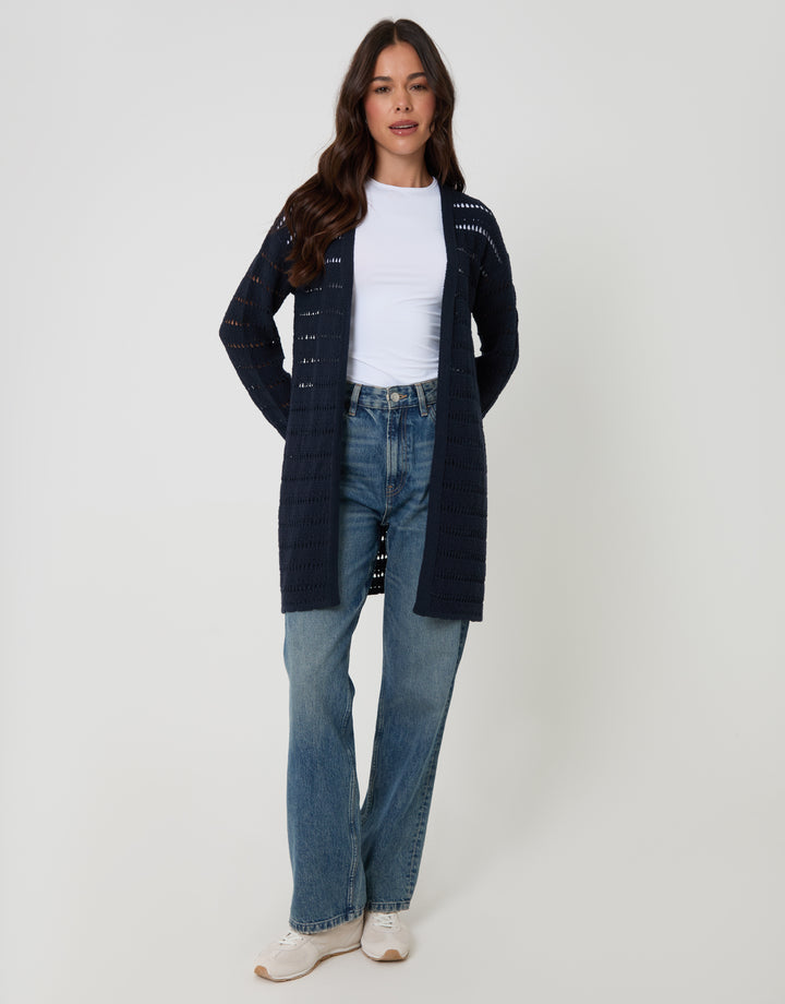 Threadbare Pointelle Knit Longline Cardigan in Navy - full body
