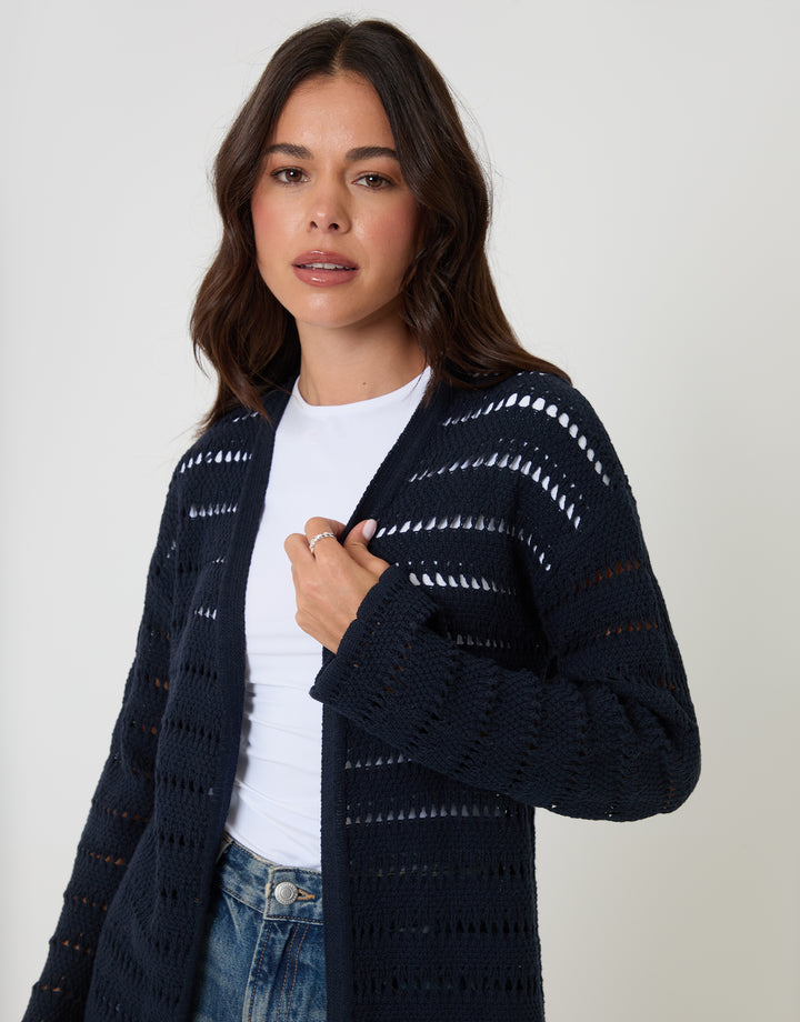 Threadbare Pointelle Knit Longline Cardigan in Navy - front view close up