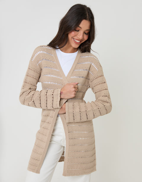 Threadbare Longline Crochet Pointelle Knit Cardigan in Stone - front view