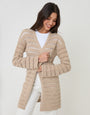 Threadbare Longline Crochet Pointelle Knit Cardigan in Stone - front view