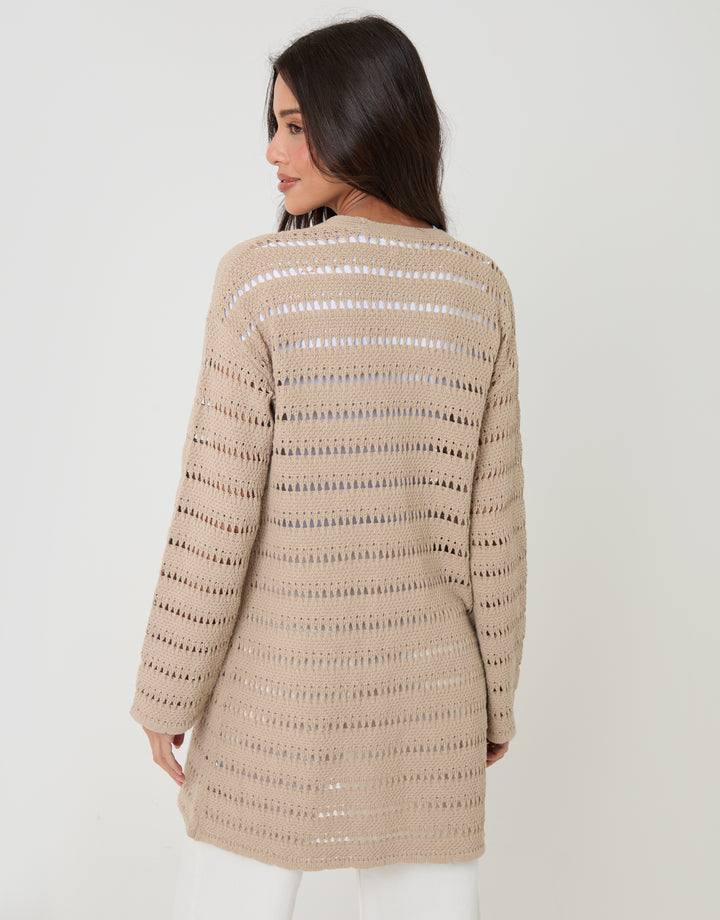 Threadbare Longline Crochet Pointelle Knit Cardigan in Stone - back view