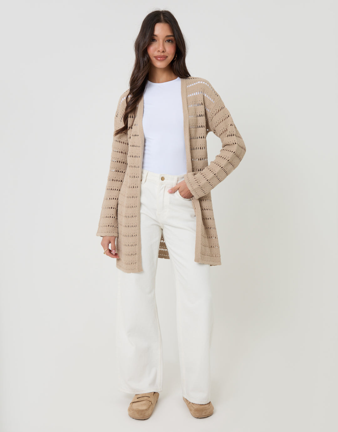 Threadbare Longline Crochet Pointelle Knit Cardigan in Stone - full body