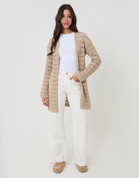 Threadbare Longline Crochet Pointelle Knit Cardigan in Stone - full body
