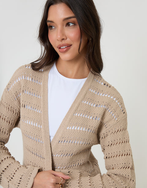 Threadbare Longline Crochet Pointelle Knit Cardigan in Stone - neckline close up