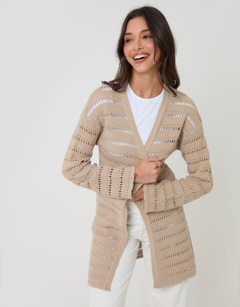 Threadbare Longline Crochet Pointelle Knit Cardigan in Stone - front view