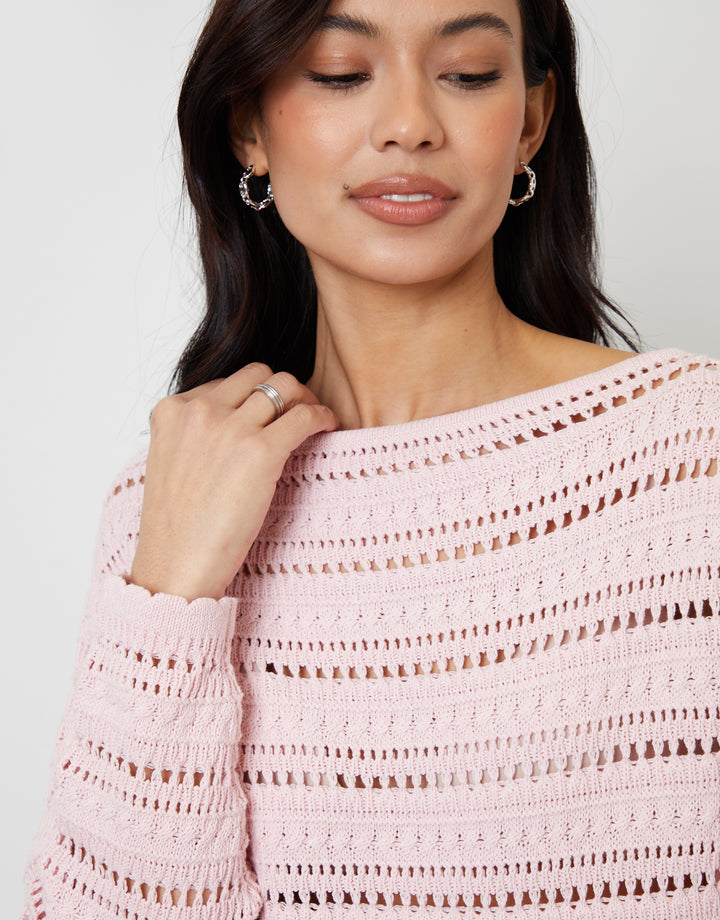 Pink Slash Neck Pointelle Knit Jumper