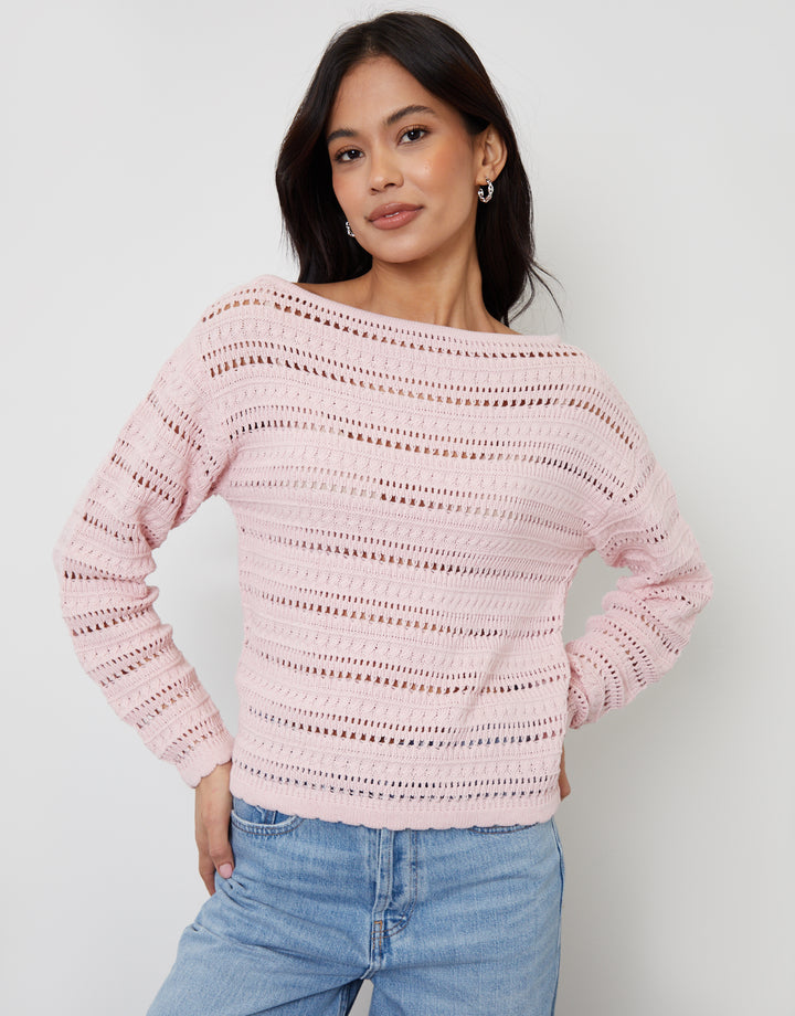Pink Slash Neck Pointelle Knit Jumper