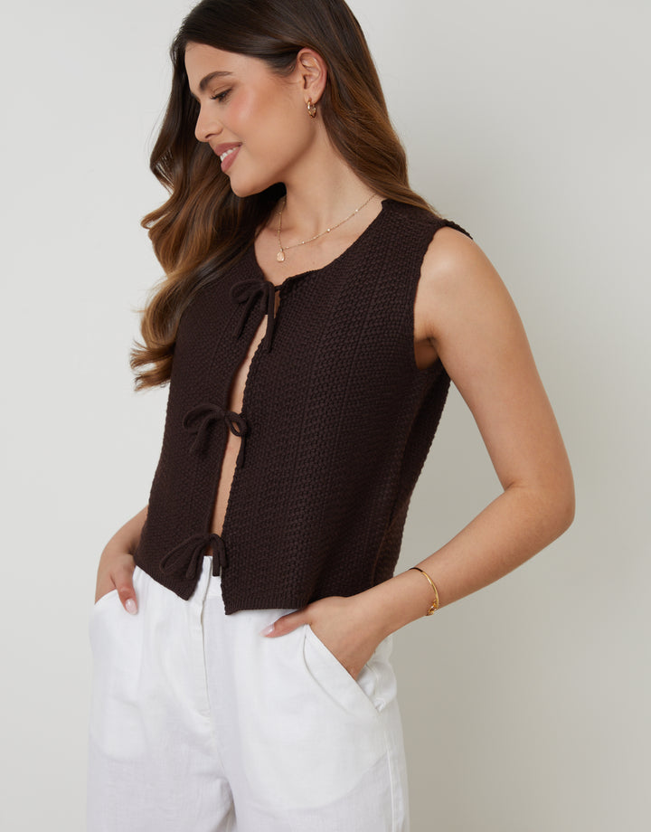 Chocolate Brown Tie Front Knitted Vest