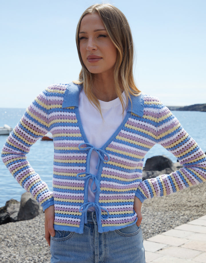 Blue Stripe Collared Tie Front Crochet Knit Cardigan
