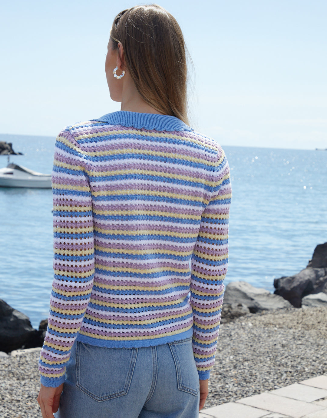 Blue Stripe Collared Tie Front Crochet Knit Cardigan