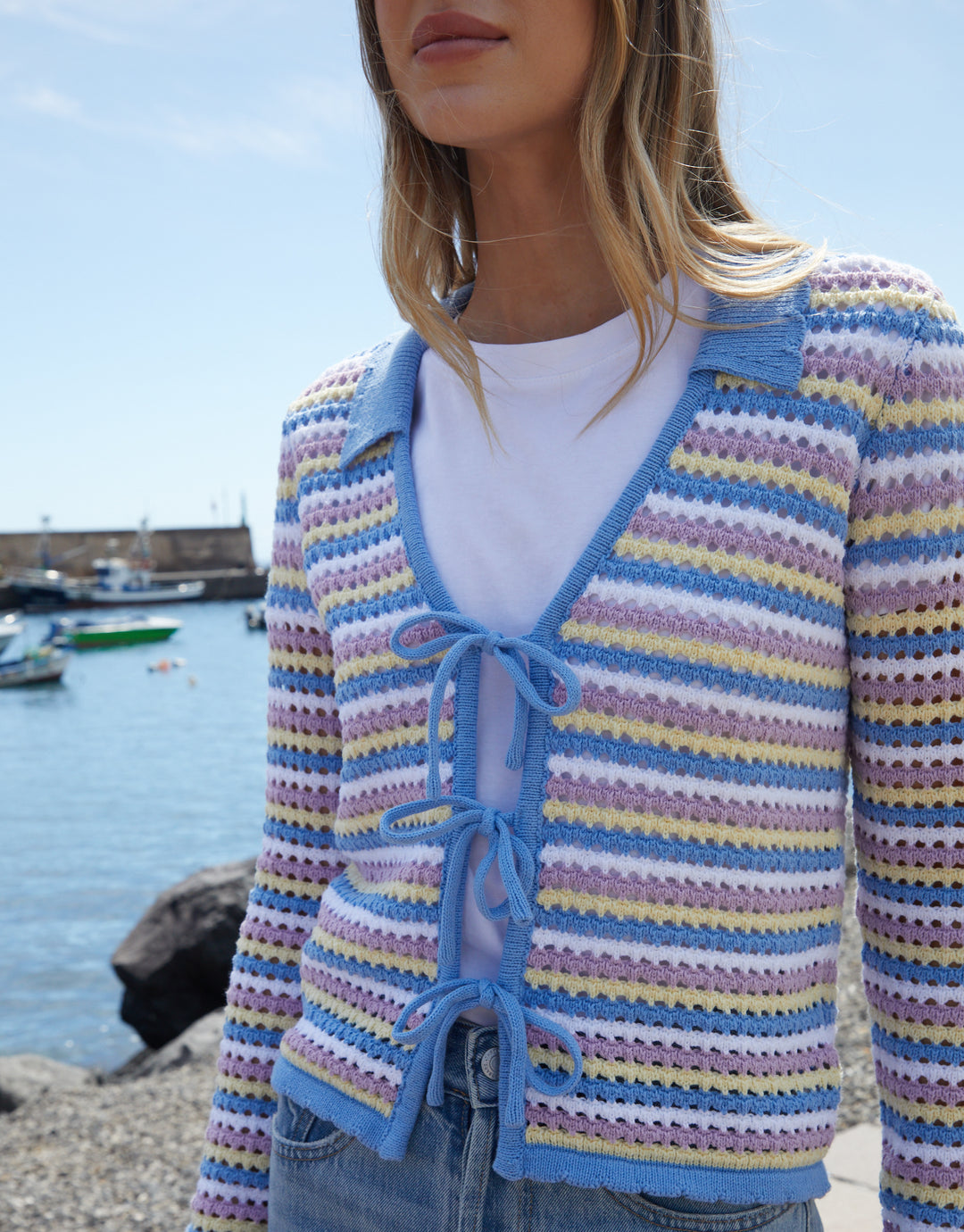 Blue Stripe Collared Tie Front Crochet Knit Cardigan