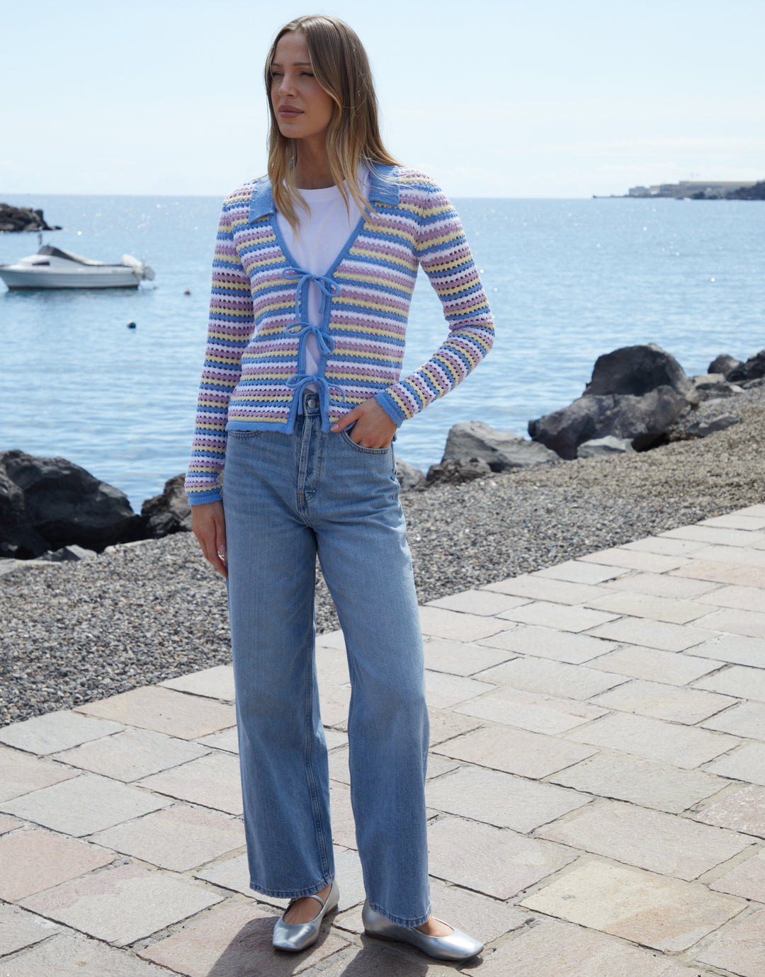 Blue Stripe Collared Tie Front Crochet Knit Cardigan