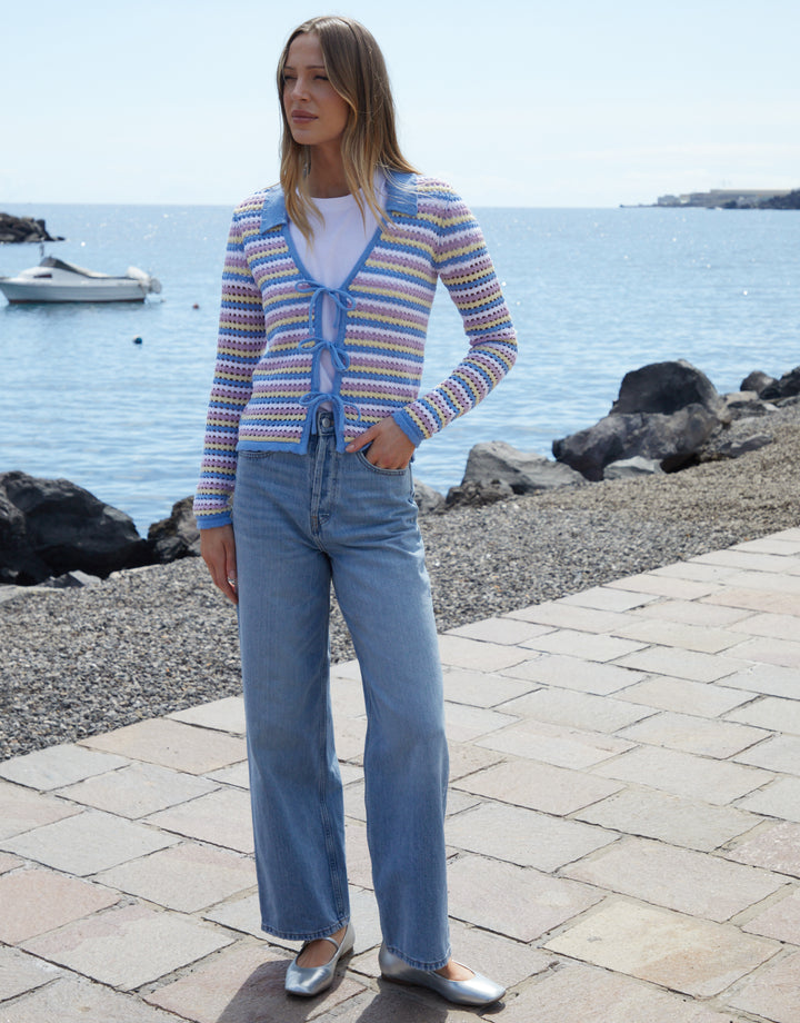 Blue Stripe Collared Tie Front Crochet Knit Cardigan