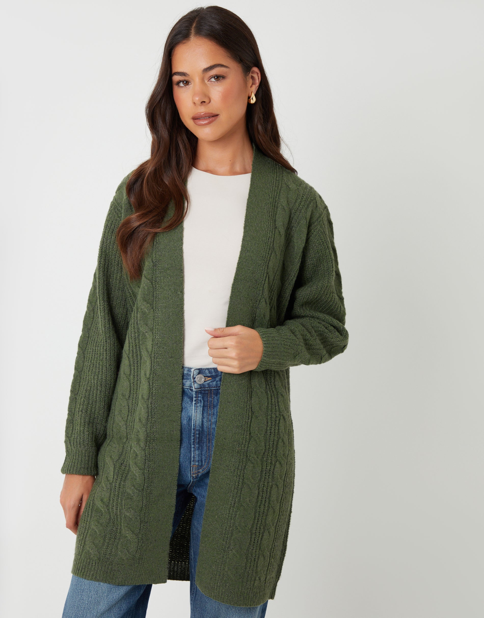 Threadbare Women's Khaki Green Cable Knit Cardigan