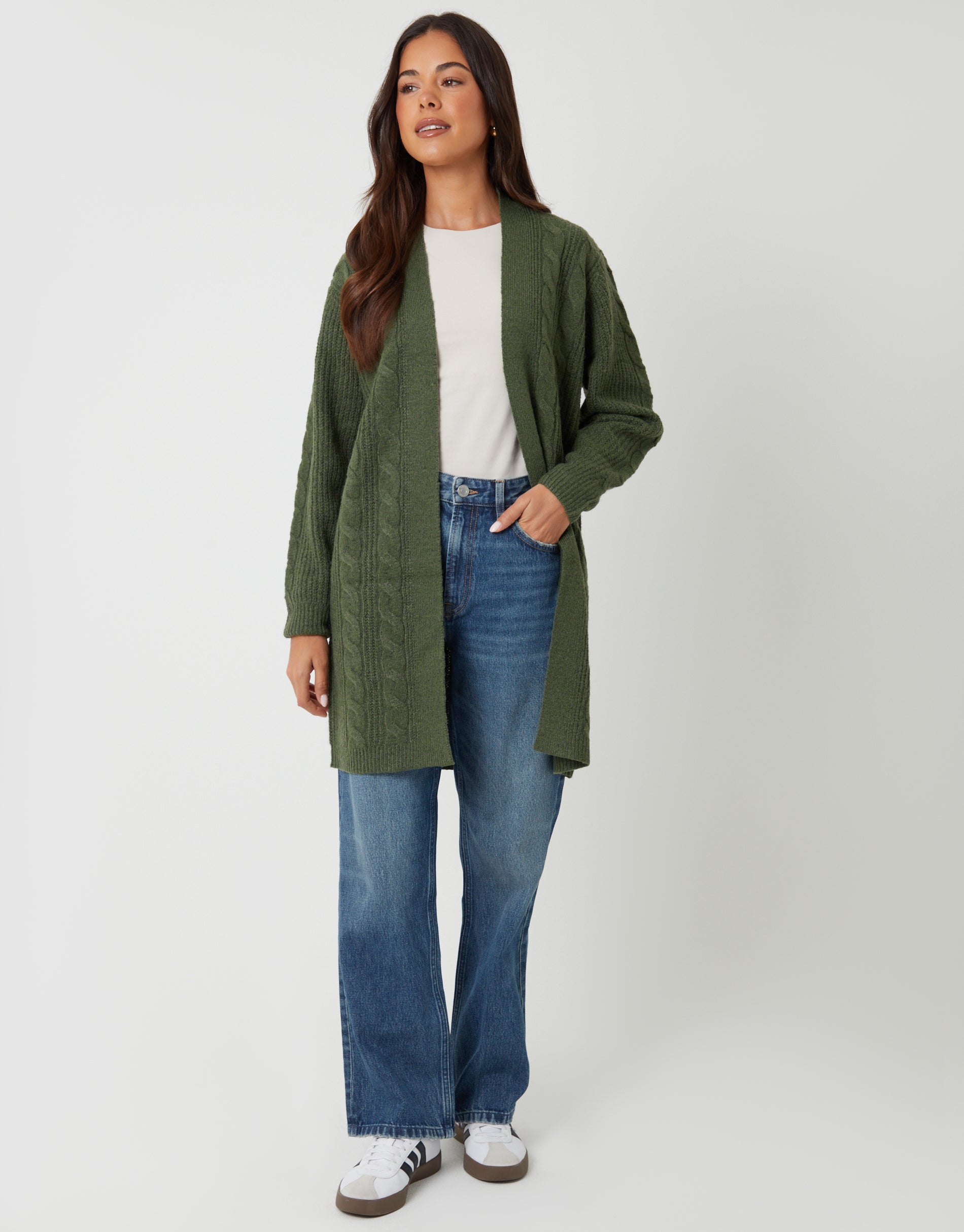 rakuCONJUGATION KNIT CARDIGANカーキ Threadbare Women's Khaki Green Cable Knit Cardigan