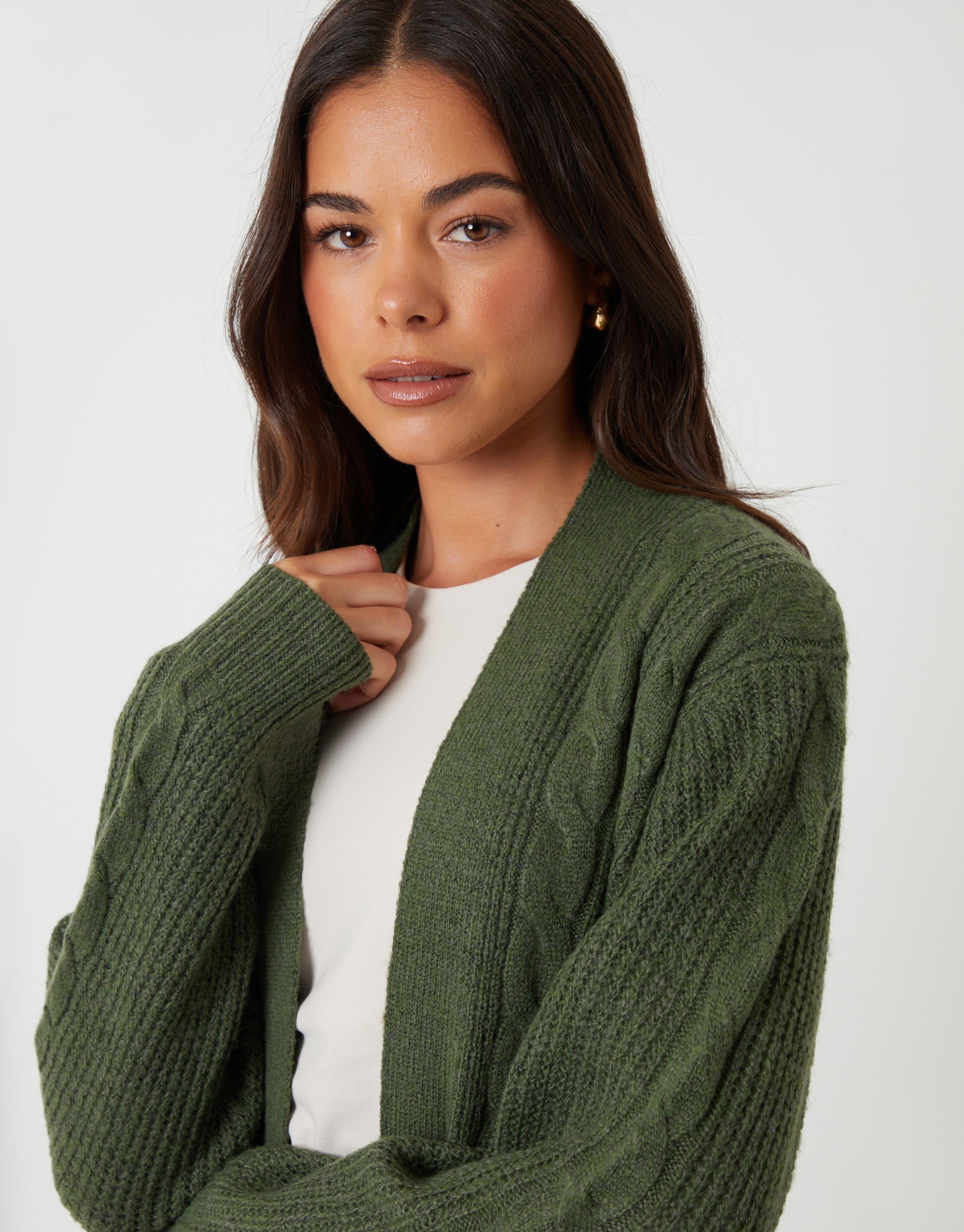 rakuCONJUGATION KNIT CARDIGANカーキ Threadbare Women's Khaki Green Cable Knit Cardigan