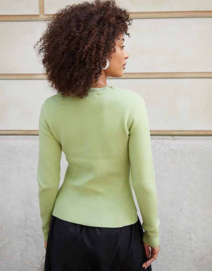 Sage Green Crew Neck Compact Knitted Cardigan