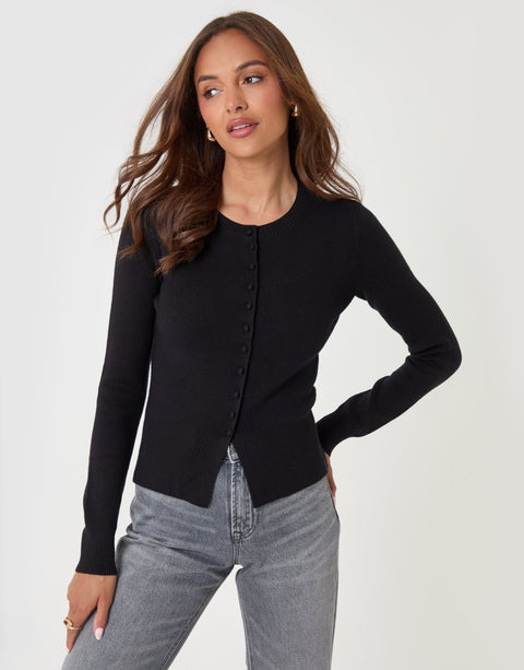 Threadbare Crew Neck Compact Knitted Cardigan in Black - front view