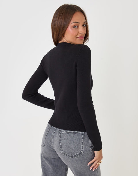 Threadbare Crew Neck Compact Knitted Cardigan in Black - back view