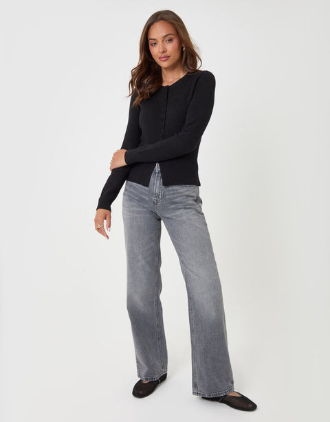 Threadbare Crew Neck Compact Knitted Cardigan in Black - full body