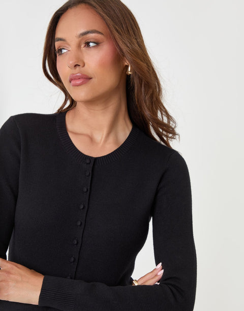 Threadbare Crew Neck Compact Knitted Cardigan in Black - close up