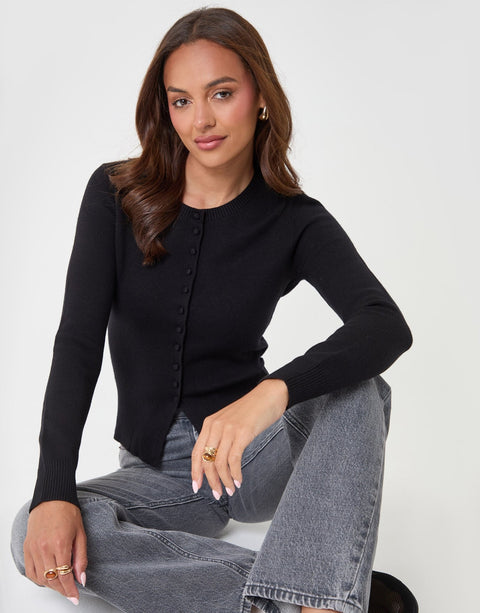 Threadbare Crew Neck Compact Knitted Cardigan in Black - sat down