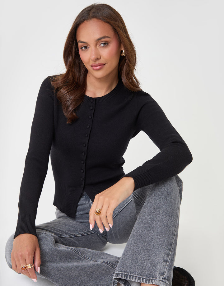 Threadbare Crew Neck Compact Knitted Cardigan in Black - sat down