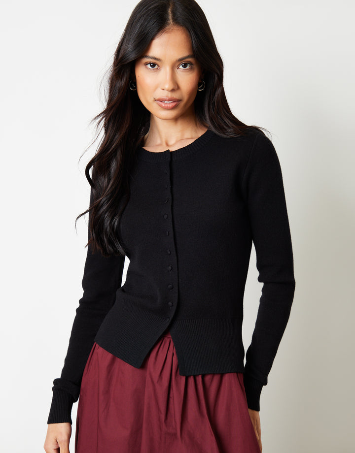 Black Crew Neck Compact Knitted Cardigan