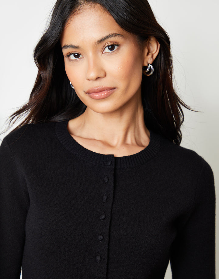 Black Crew Neck Compact Knitted Cardigan