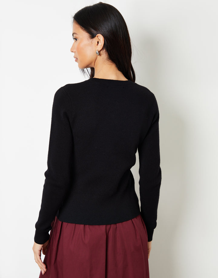 Black Crew Neck Compact Knitted Cardigan