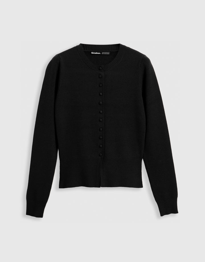 Crew Neck Compact Knitted Cardigan in Black