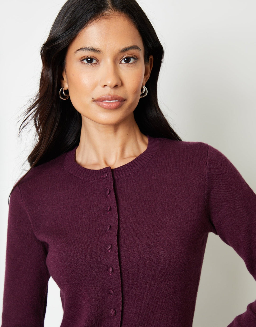 Threadbare Carol Threadbare Women's Crew Neck Knitted Cardigan in Berry Red