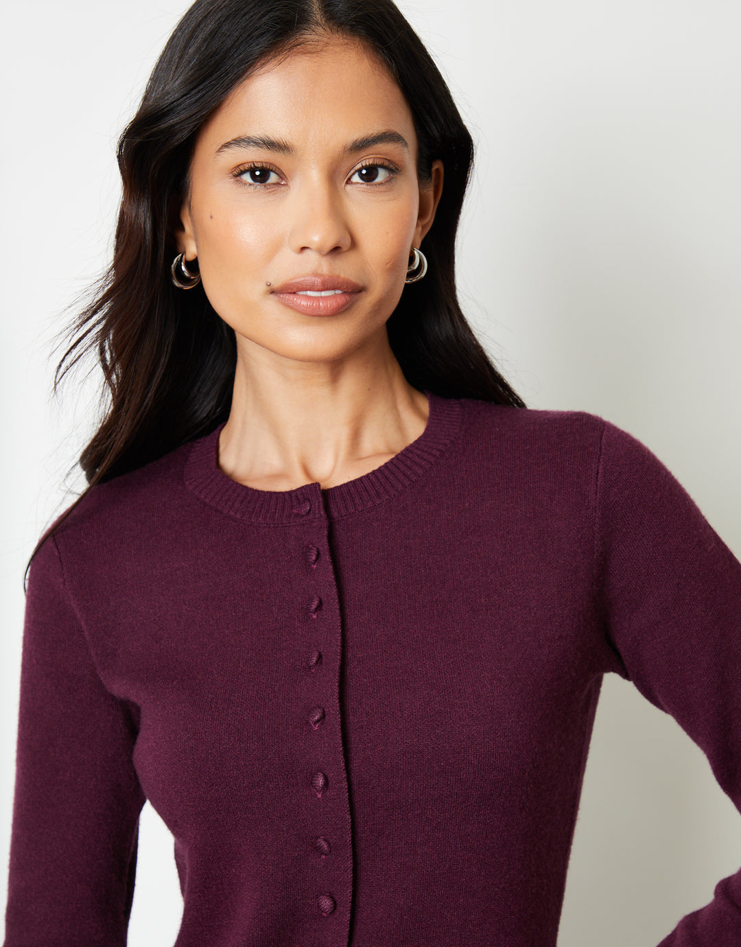 Berry Red Crew Neck Compact Knitted Cardigan