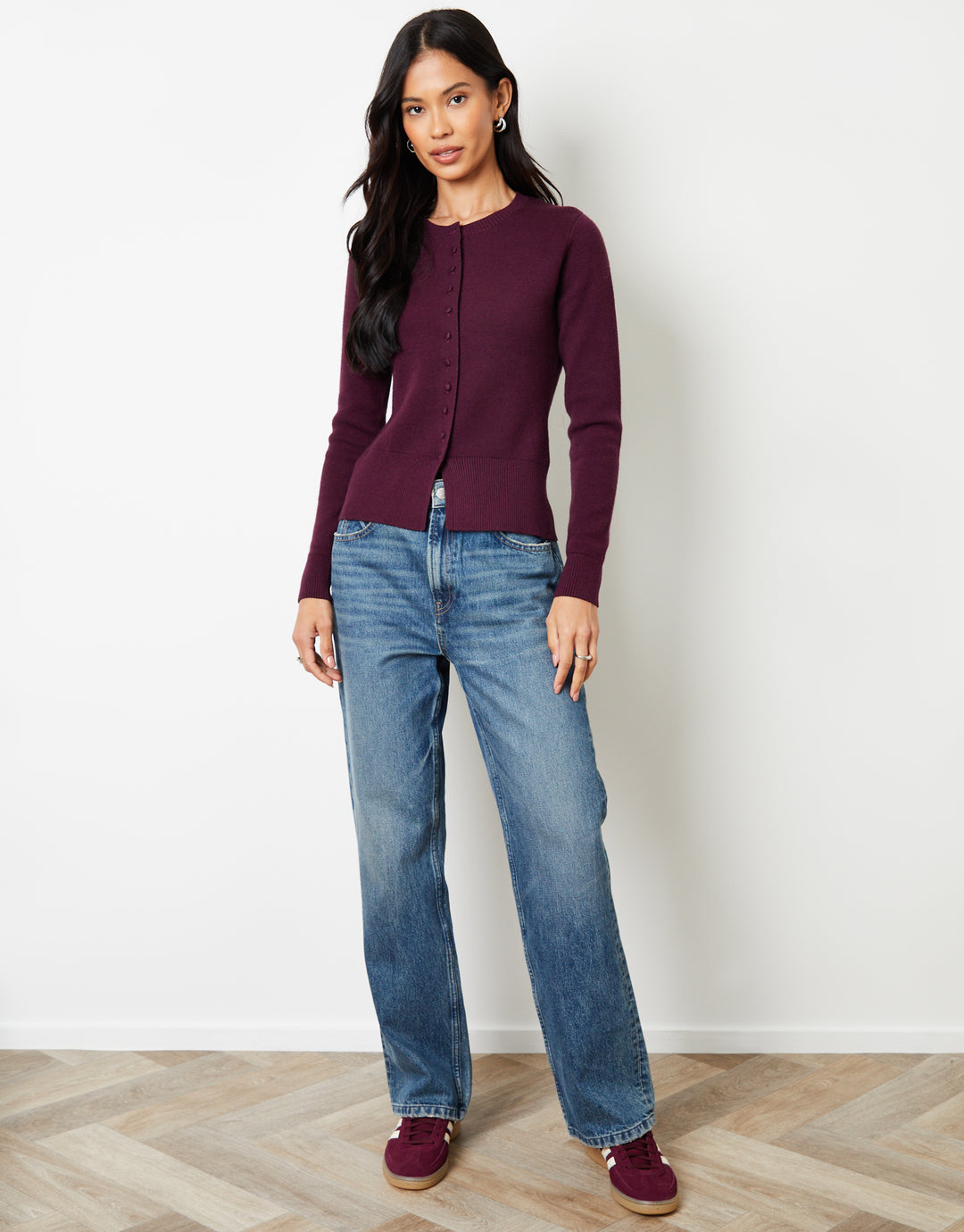 Berry Red Crew Neck Compact Knitted Cardigan