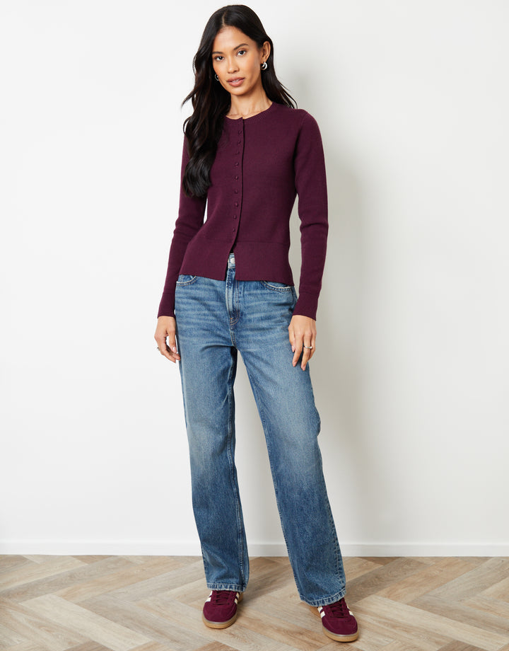 Berry Red Crew Neck Compact Knitted Cardigan