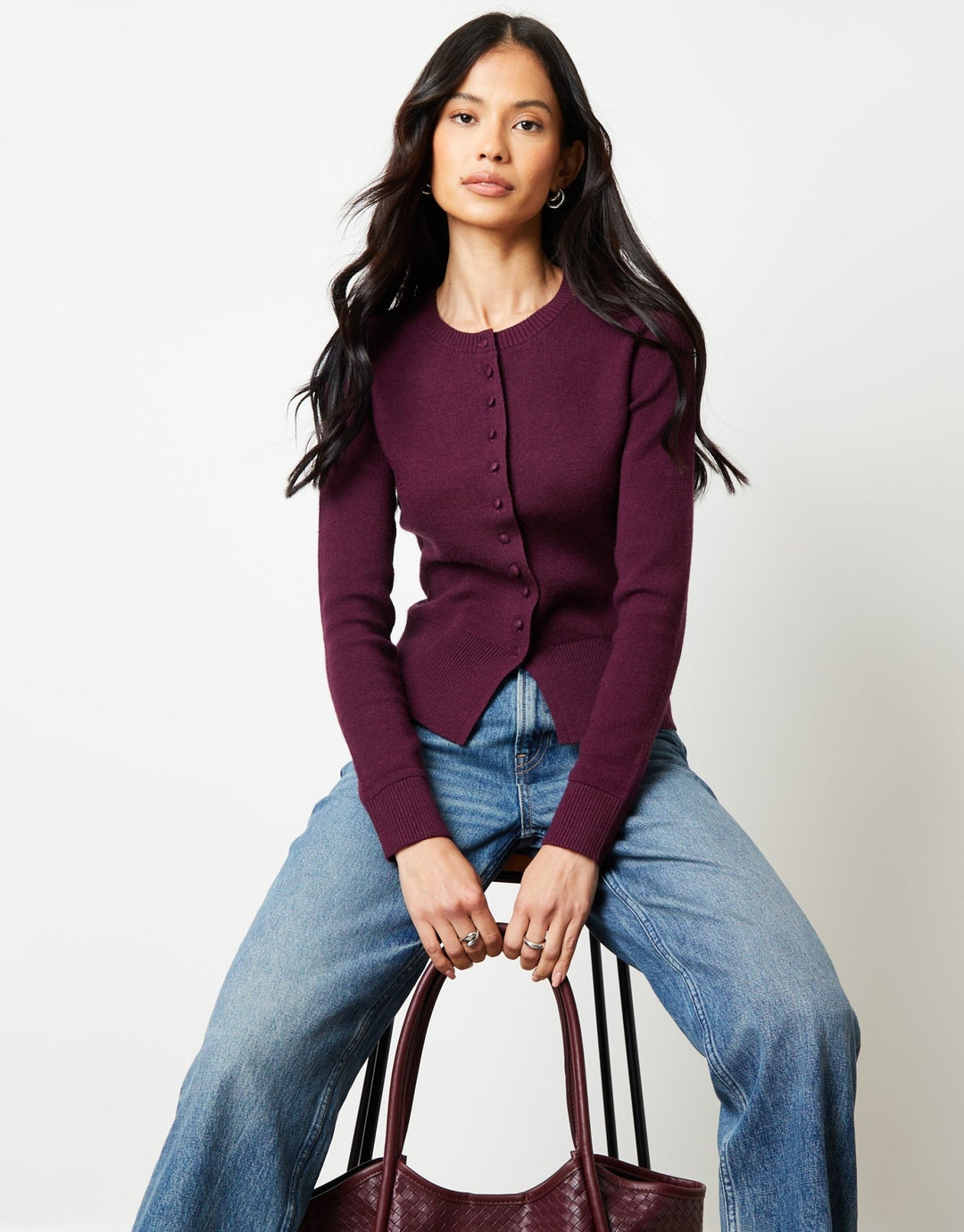 Threadbare Carol Threadbare Women's Crew Neck Knitted Cardigan in Berry Red