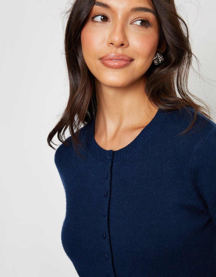 Navy Crew Neck Compact Knitted Cardigan