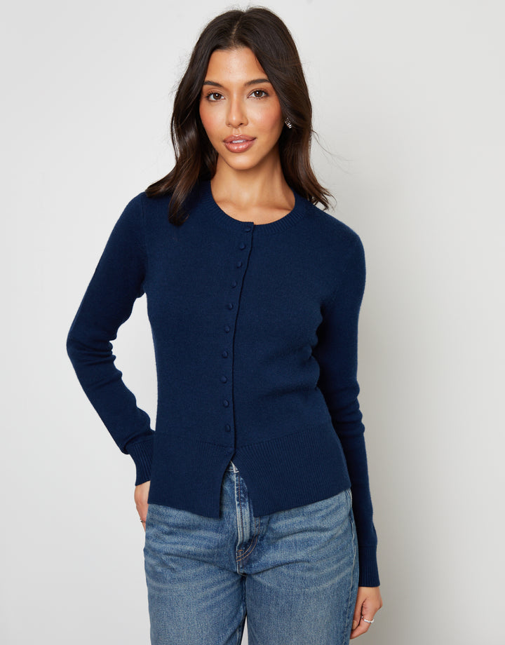 Navy Crew Neck Compact Knitted Cardigan
