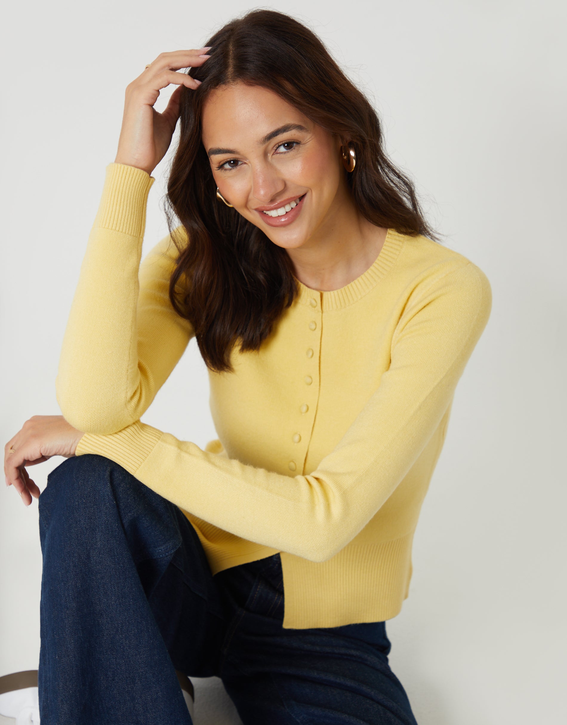 Threadbare Women's Lemon Yellow Crew Neck Compact Knitted Cardigan