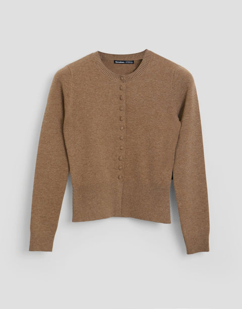 Threadbare Crew Neck Compact Knitted Cardigan in Beige - flat lay