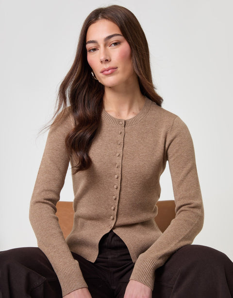 Threadbare Crew Neck Compact Knitted Cardigan in Beige - sat down