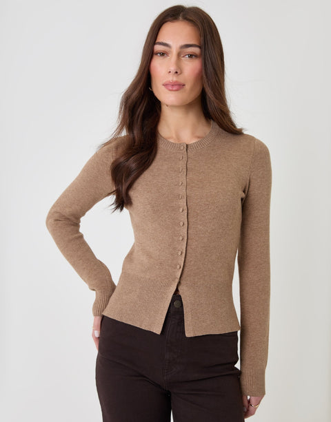 Threadbare Crew Neck Compact Knitted Cardigan in Beige - front view