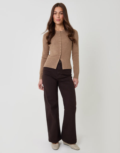 Threadbare Crew Neck Compact Knitted Cardigan in Beige - full body