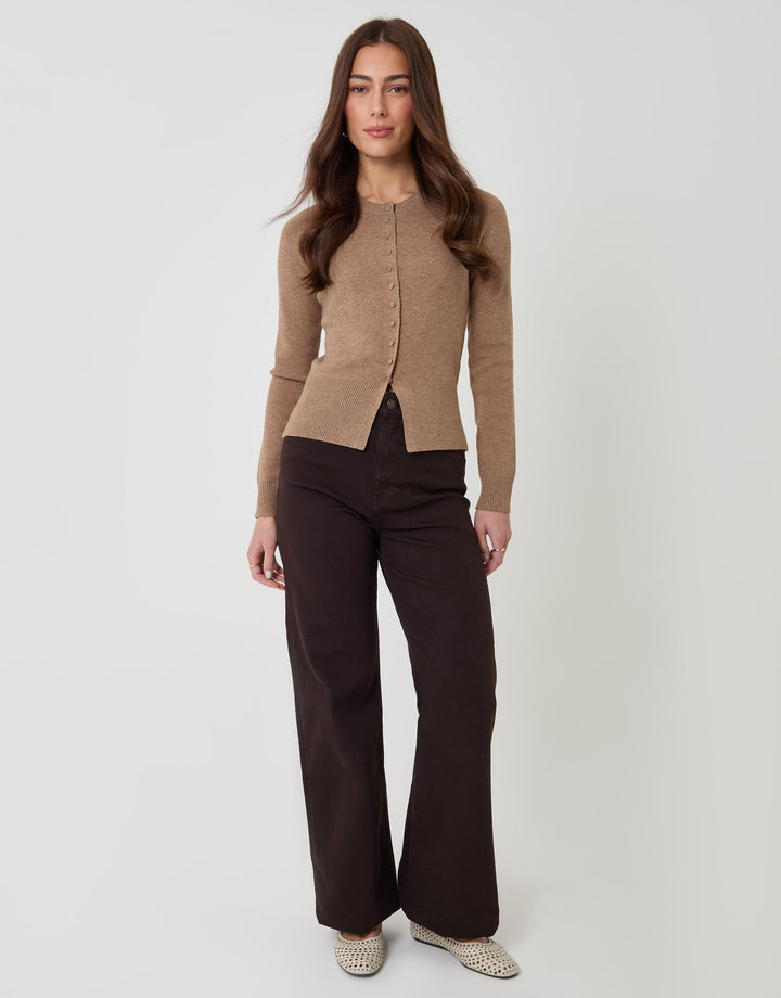 Threadbare Crew Neck Compact Knitted Cardigan in Beige - full body